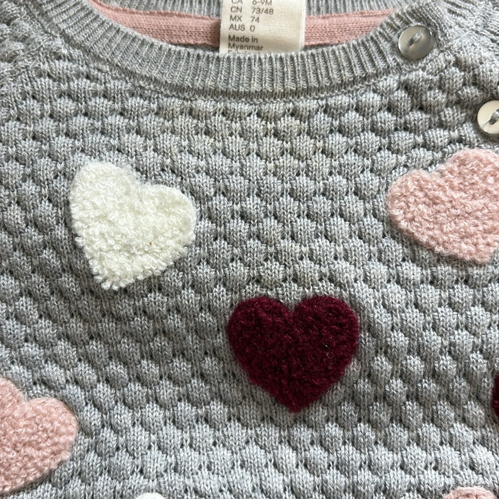 2/$15 H&M Baby Girl Grey and Pink Hearts Knit Sweater - Picture 7 of 7